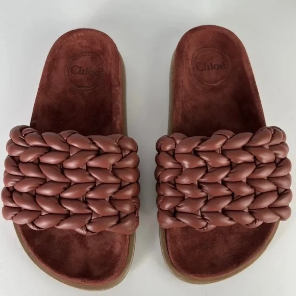 CHLOE RED BRAIDED LEATHER SLIDES - Picture 11 of 13